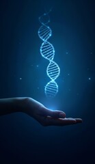Obraz premium Hand presenting a glowing DNA double helix against a dark background