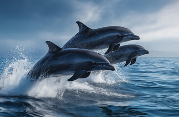 Three dolphins jumping out of the water in front of blue ocean waves