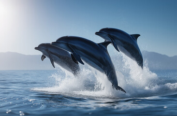 Three dolphins jumping out of the water in front of blue ocean waves