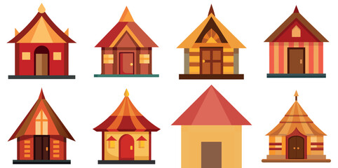A collection of eight stylized houses or buildings with unique designs and colors
