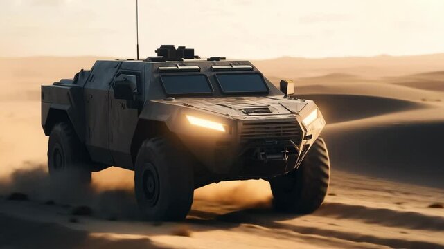 A military vehicle drives across sandy terrain under a setting sun, showcasing its durability and formidable design