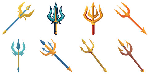 Collection of eight differently colored and uniquely designed vector tridents