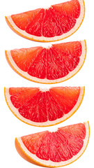 Bright red grapefruit segments displaying fresh cut texture, revealing juicy inner pulp, positioned on clear surface