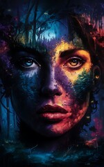 Fototapeta premium Mystical Woman Portrait with Forest and Colorful Abstract Paint Composition Art