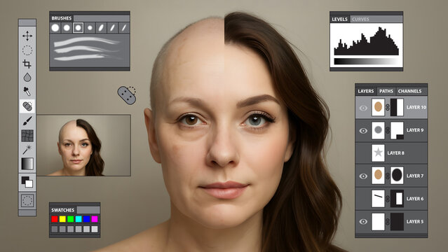 photo retouching software interface screen with transforming woman face, hair, and eyes. Panels, toolbar, layers