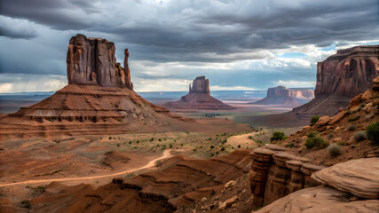 Expansive view of Monument Valley's iconic red rock formations under a clear blue sky in the Arizona desert landscape