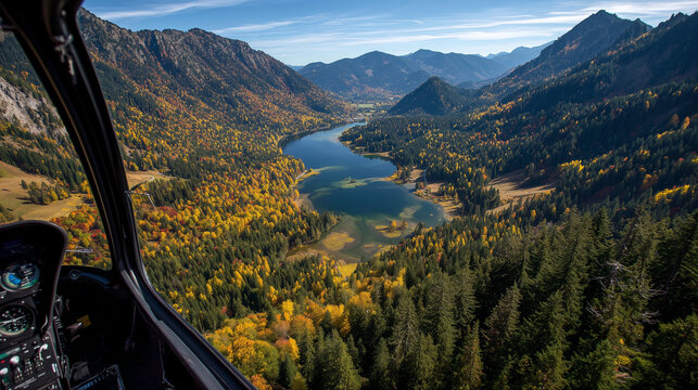 View of the mountains, the lake, and the autumn forest from a helicopter cockpit - Powered by Adobe