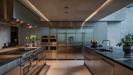 Modern stainless steel kitchen interior with sleek design and ambient lighting creates a luxury