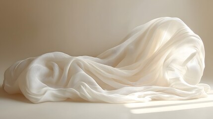 Abstract minimal arrangement of crumpled white fabric, showcasing soft drapes, subtle textures, and natural light with gentle shadows