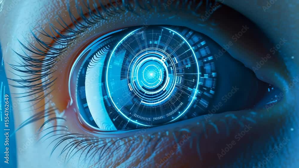 Poster close-up of human eye with advanced digital technological interface overlay, displaying futuristic c