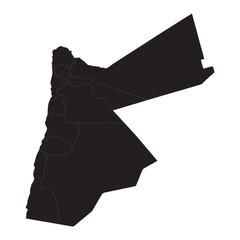 Detailed political and geographic map of Jordan with labeled governorates, cities, roads, and borders