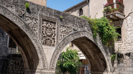 Fototapeta premium Ornate stone arches with intricate carvings in a historic European town.