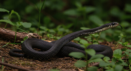 Fototapeta premium Glossy Black Snake with White Markings and Forked Tongue.