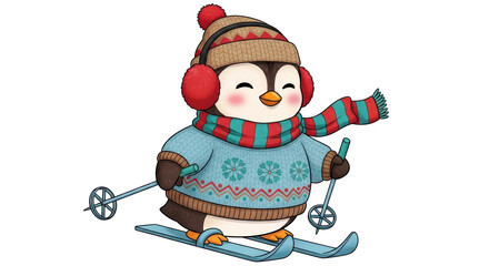Isolated Cartoon Penguin on Skis © Aline