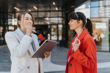 Two professional women engaging in a discussion outside a modern building, utilizing a tablet for...