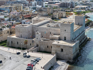 Drone view at the Svevo castle of Trani on Apulia in Italy