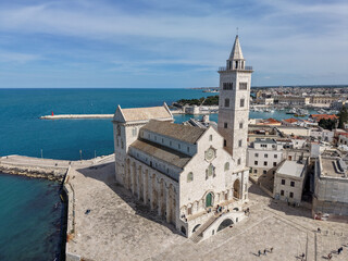 Drone view at the cathedral of Trani on Apulia in Italy