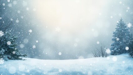 Winter Scene with Snowfall. This image depicts a winter landscape with a heavy snowfall. The scene is dominated by a soft, cool color palette of blues and whites.