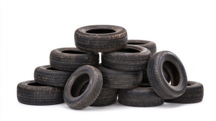 Weathered tires piled on white background. Neural network AI generated