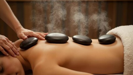 Woman receiving hot stone therapy massage with steam in spa setting - Powered by Adobe