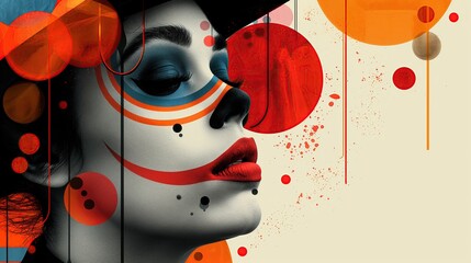 Brightly colored geometric patterns cover the face. Futuristic and abstract look.