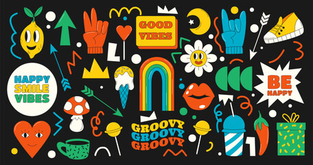 Sticker for comic day. Groovy doodle design, playful icon, cartoon heart, flowers and mushroom, vintage cloud, funny rainbow. Character with red lips, sneakers, gloves. Vector cute garish patch set