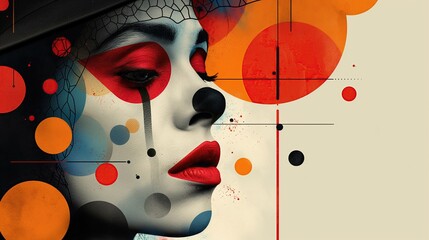 Brightly colored geometric patterns cover the face. Futuristic and abstract look.