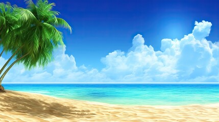 Fototapeta premium Tranquil beach scenery with clear turquoise waters, sand and palm trees swaying in the breeze under a clear blue sky. Perfect for summer vacation posters or travel ads.