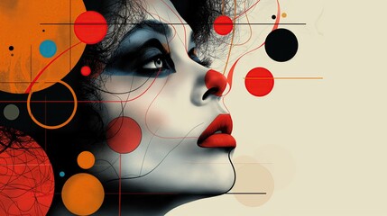 Brightly colored geometric patterns cover the face. Futuristic and abstract look.