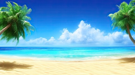 Tranquil beach scenery with clear turquoise waters, sand and palm trees swaying in the breeze under a clear blue sky. Perfect for summer vacation posters or travel ads.