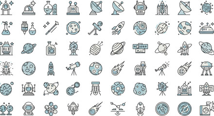 Line art illustration featuring various space exploration and astronomy themed icon designs