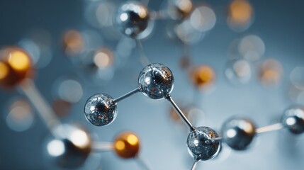 Molecule structure with silver and gold spheres connected by rods blurred background.