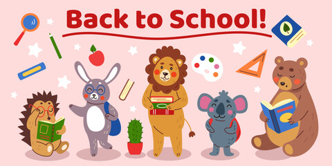 School character. Back to class. Cute animal reading book. Studying stationery or textbook. Elementary education. Student mascot with backpack. Baby learning. Vector cartoon children tidy illustration
