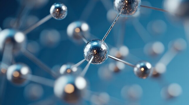 Molecular structure with silver spheres connected by rods on a blue background.