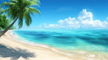 Tranquil beach scenery with clear turquoise waters, sand and palm trees swaying in the breeze under a clear blue sky. Perfect for summer vacation posters or travel ads.
