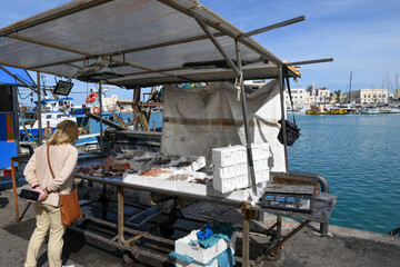 Fresh fish display at the port of Trani on Apulia in Italy