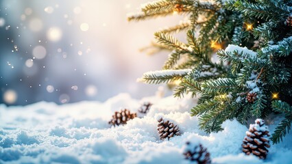 Winter Scene with Pine Branches, Snow, and Pinecone. The image is a winter-themed scene with pine branches covered in snow at the top of the frame. A pinecone is situated at the lower left. 