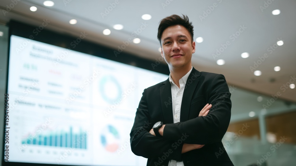 Poster confident man business suit stands front of large screen displaying various graphs and charts, showc