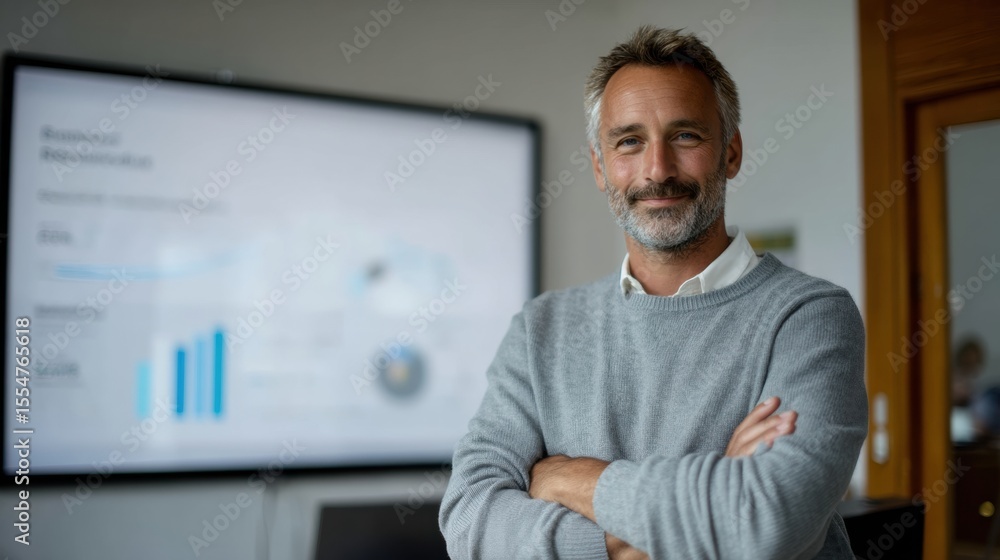 Aufkleber confident man stands in front of large screen displaying business statistics and graphs. he wears gr