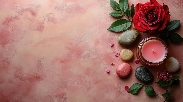 spa day flatlay with red rose, lit candles, soft towels on solid beige background with empty space