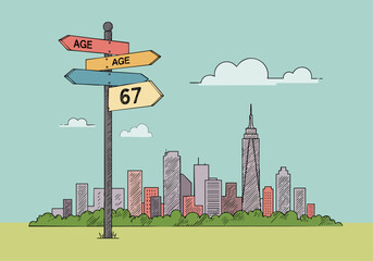 A vintage signpost points to 'New Age' and '67', set against a New York City skyline. The design is modern and illustrative, conveying a sense of transition and possibility. © Vector Holiday