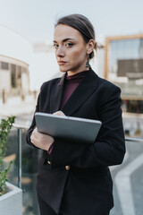 A businesswoman standing outside with a confident demeanor, wearing formal black attire, holding a...