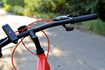 Close-up view of a vibrant red bicycle handlebar on a forest trail surrounded by lush greenery in the afternoon