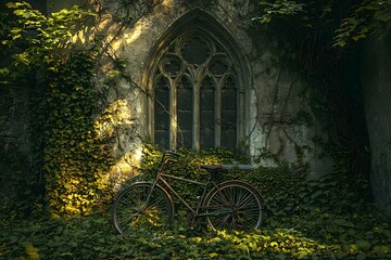 Fototapeta premium An old bicycle leaning against a crumbling stone wall, partially covered in autumn vines, bathed in warm sunlight