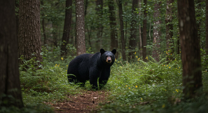 Majestic Black Bear Standing Alert in Lush Forest Undergrowth.