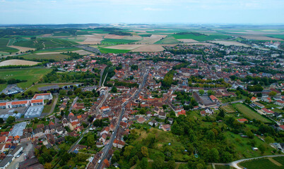 Aerial panoramic View Of The Old city Sezanne, In France on a sunny spring afternoon
