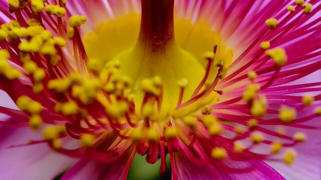 Abstract macro shot of magenta flower with yellow stamen and pistil, close-up detail capturing the beauty of floral biology and nature's artistry.