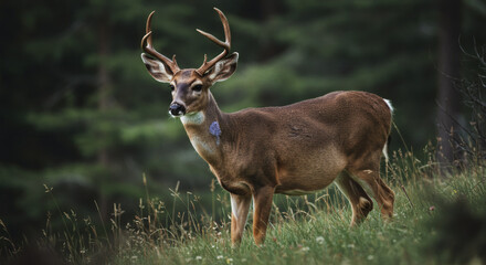 Obraz premium Majestic Buck with Antlers Standing Tall in Grassy Meadow.