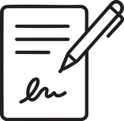 Simple Black and White Line Art Depicting a Document Being Signed with a Pen Signifying Agreement and Approval