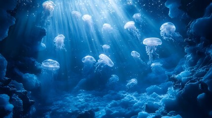 Obraz premium Ethereal Deep Sea Landscape with Glowing Jellyfish